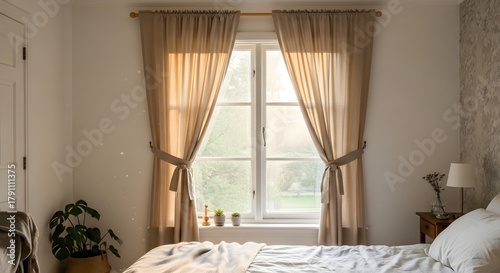 Art of soft beige curtains frame a window with a view of a tranquil green landscape