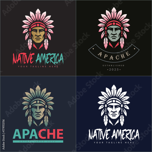 Apache indian aztec native american warrior tribes face head logo set vintage design template