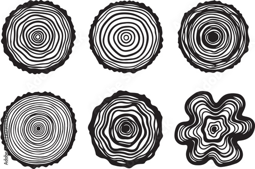 Set of Six Hand Drawn Tree Ring Cross Section