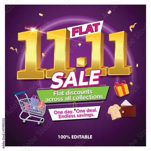 Flat Sale 11.11 Promotion Template, 3D Text Number twelve on Dark Background and LED Neon Lights. Flash Sales Campaign, Special Offer Up to 75%, 50% and 30% Off,