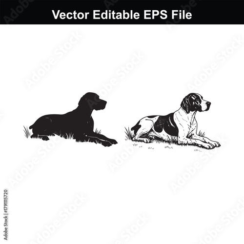 Two dogs, one a silhouette and the other a detailed illustration, lying down on grass, vector editable eps file