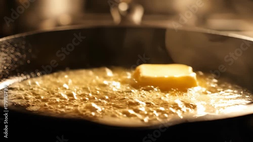 The beautiful design of a culinary moment close-up of butter melting into a shimmering, golden liquid within a hot cast-iron skillet, an essential ingredient transformation