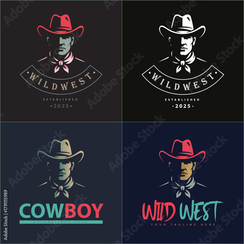 Cowboy american sheriff wild west face head silhouette logo set vintage design template