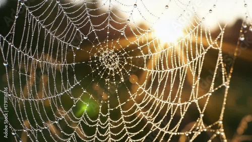 Close up of a spiderweb covered in water droplets with sunlight shining through the background trees
