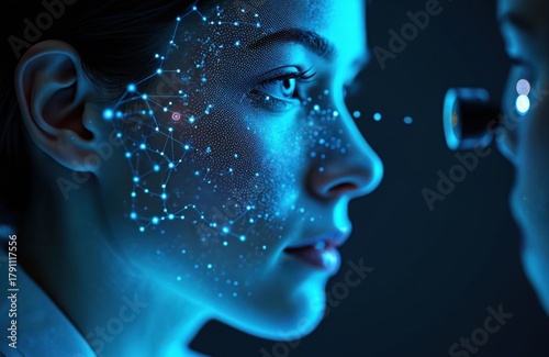 Young woman patient tech network glowing on face. Eye on digital scan with advanced medical device. Shows future diagnosis, artificial intelligence, deep learning, biometric concepts for modern