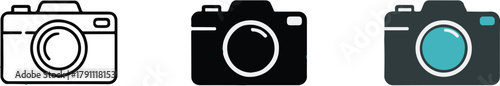 camera icon set line art silhouette and modern colored lens