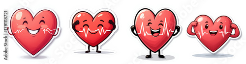 set of Cartoon heart sticker with arms flexing, ECG line as smile. isolated on white. cardiovascular health and strong life energy