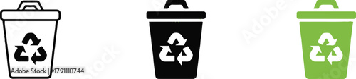 recycling row of three bin icons outline black solid green vector set