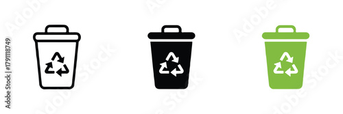 recycling trio of bin icons outline solid and green vector illustration