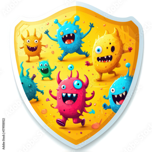 Vaccine sticker as tiny shield with disease monsters running, isolated on white. teaching protection through engaging visual storytelling