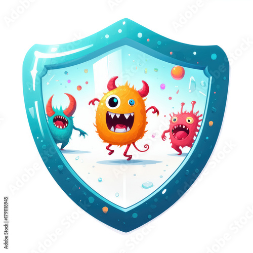 Vaccine sticker as tiny shield with disease monsters running, isolated on white. immunization protection in playful educational style.