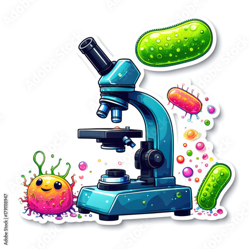 Microscope sticker peeking at blushing bacteria , isolated on white background. science discovery moments for children.