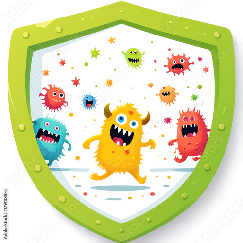 Vaccine sticker as tiny shield with disease monsters running, isolated on white. immunization concepts fun for children.