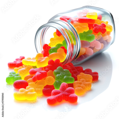 Vitamin sticker jar spills colorful gummy shapes, making daily nutrition joyful and appealing for children. isolated on white