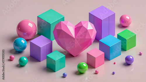 Fototapeta Naklejka Na Ścianę i Meble -  3D render: Pink multifaceted geometric heart among pastel cubes and spheres