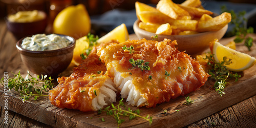 Fish and chips meal in restaurant