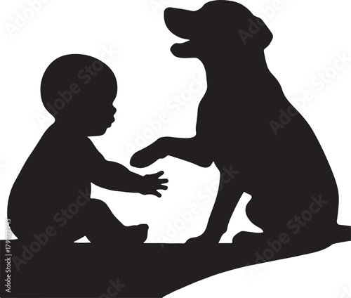 Silhouette illustration of a playful infant baby and a friendly dog interacting, symbolizing childhood companionship and pet love.