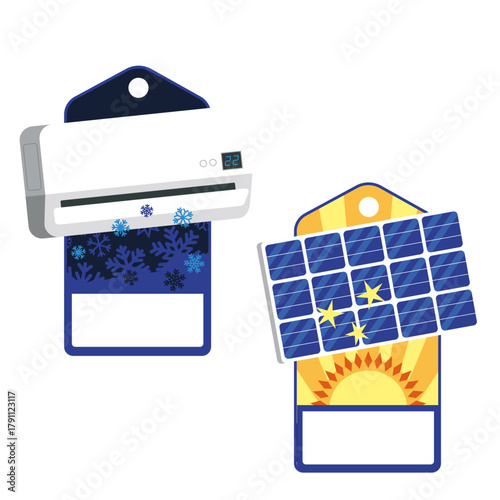 solar panel and airco labels with a hole. cardboard card and label designs for renewable and electrical supply companies.
