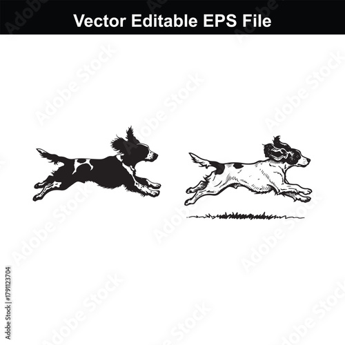 Black and white illustration of a small dog running with a long tail