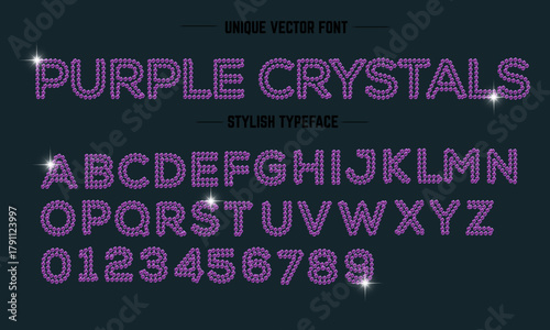 Luxurious purple crystal alphabet - vector font of shiny amethyst gemstone with sparkling diamond effect