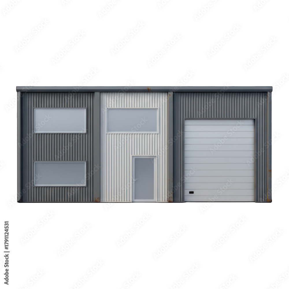 Fototapeta premium Gray corrugated industrial building with a large garage door, smaller door, and windows