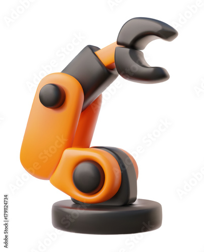 3D icon of an orange robotic arm with a gripper, automation, and technology.