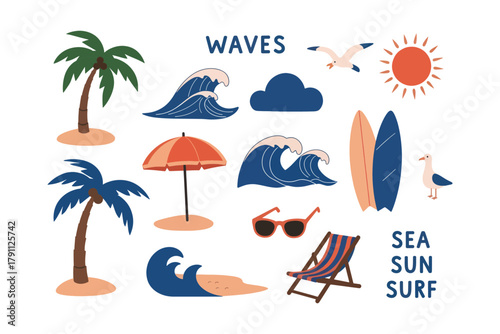 Summer Beach Set Waves, Palm Trees, Sun, Surfboards, Vacation Illustrations