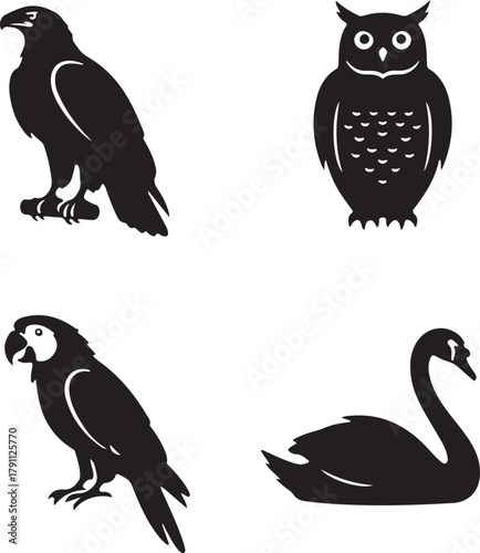 Bird silhouettes collection featuring an eagle, owl, parrot, and swan vector icons for diverse wildlife and nature themes.