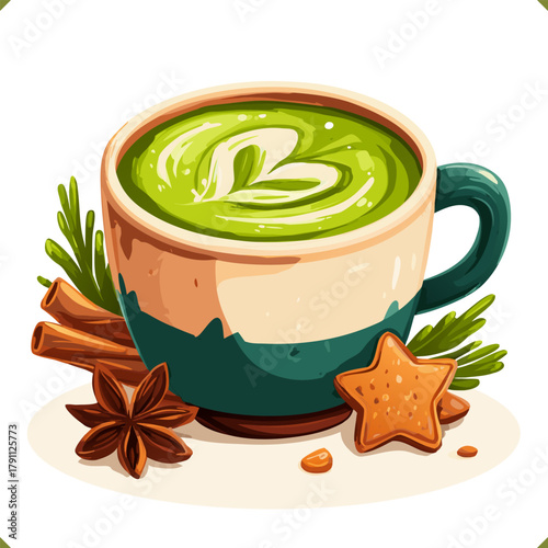 Vector illustration of a matcha latte in a ceramic cup with cinnamon, star anise, and gingerbread cookie, isolated on a white background. Vector illustration of winter beverage on white background
