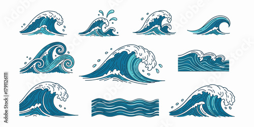 Ocean Waves Illustration Set, Blue Sea, Surfing, Nautical Design Elements