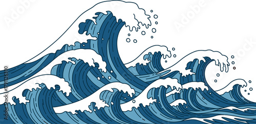Japanese Wave Art Blue Ocean Waves Illustration, Hokusai Style, Vector Design