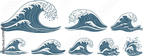 Ocean Waves Vector Illustration Set, Sea Waves, Japanese Wave Art, Surfing Elements, Marine Background