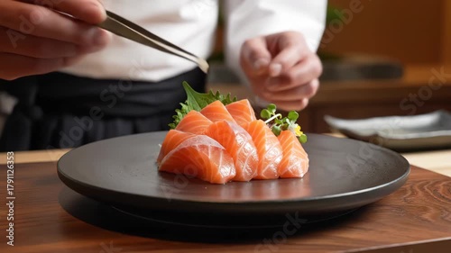 Expertly arranged salmon sashimi design on a dark plate, garnished with fresh microgreens by a chef's hands