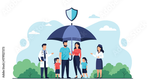 Flat vector illustration of family under umbrella for health insurance protection. Solid bright colors, no gradients, clean background, ideal for healthcare websites and brochures