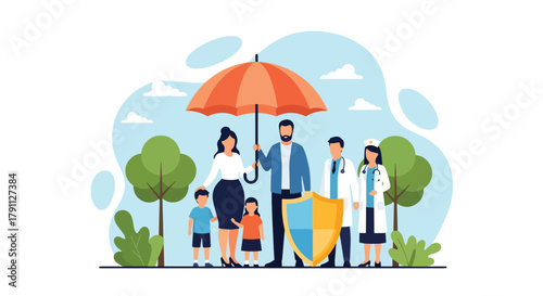 Flat vector illustration of family under umbrella for health insurance protection. Solid bright colors, no gradients, clean background, ideal for healthcare websites and brochures