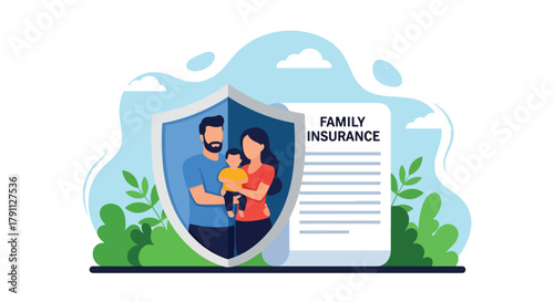 Flat vector of parents and child under heart shield symbolizing life insurance protection. Solid pastel tones, no gradients, ideal for finance blogs, ads, and policy infographics
