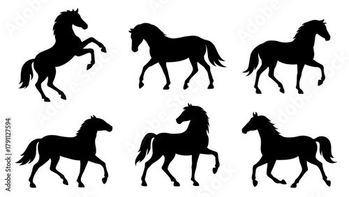 Vector horse silhouettes in various active poses: running, rearing, trotting. Black equine forms for 2026 Year of the Horse. Zodiac art, logo, print, design, motion graphics.