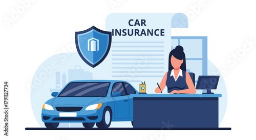 Flat vector of driver signing car insurance near protected vehicle and shield. Solid blue tones, no gradients, ideal for auto insurance websites and digital advertising use