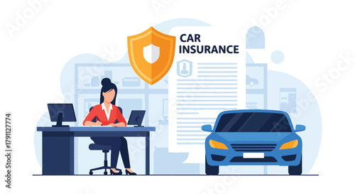 Flat vector of driver signing car insurance near protected vehicle and shield. Solid blue tones, no gradients, ideal for auto insurance websites and digital advertising use