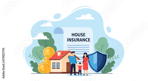 Flat vector scene of family and house for home insurance protection. ideal for property, banking, and housing service promotions