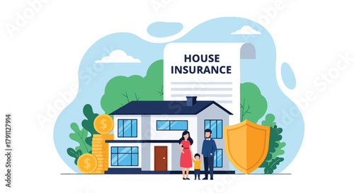 Flat vector scene of family and house for home insurance protection. ideal for property, banking, and housing service promotions