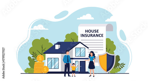 Flat vector scene of family and house for home insurance protection. ideal for property, banking, and housing service promotions