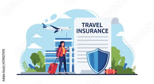 Flat vector travelers with luggage in airport with airplane under shield. Solid tropical colors, no gradients, ideal for travel agencies, insurance sites, and flight posters