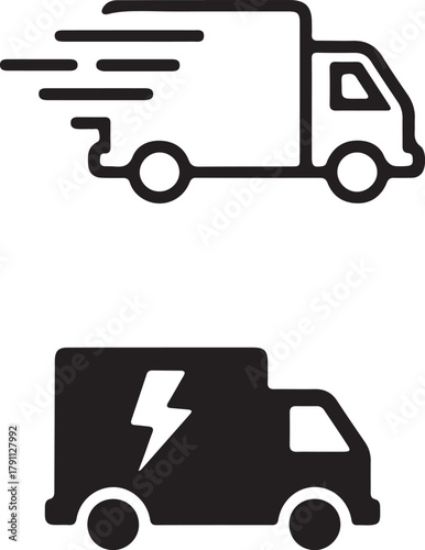 Fast delivery truck outline icon with speed lines indicating quick logistics. solid electric cargo van symbol for sustainable transport.