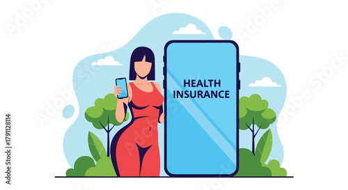 Flat vector illustration of person using health insurance mobile app with doctor icons.  ideal for UI concepts, fintech ads, and tech campaigns.