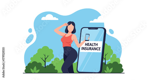 Flat vector illustration of person using health insurance mobile app with doctor icons.  ideal for UI concepts, fintech ads, and tech campaigns.