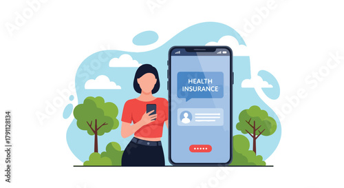 Flat vector illustration of person using health insurance mobile app with doctor icons.  ideal for UI concepts, fintech ads, and tech campaigns.