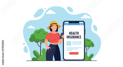 Flat vector illustration of person using health insurance mobile app with doctor icons.  ideal for UI concepts, fintech ads, and tech campaigns.
