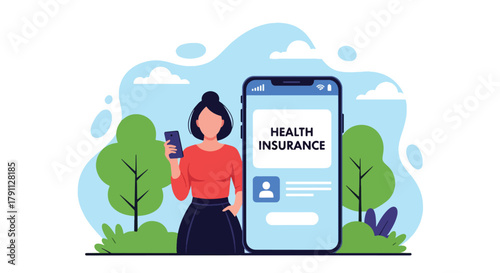 Flat vector illustration of person using health insurance mobile app with doctor icons.  ideal for UI concepts, fintech ads, and tech campaigns.