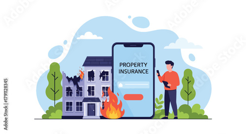 Flat vector person filing insurance claim beside damaged building.  ideal for policy documents, legal infographics, and financial web design